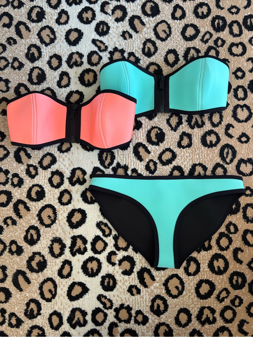 TRIANGL Original 2010s Neoprene Bikini 3 Piece Set Teal and Coral